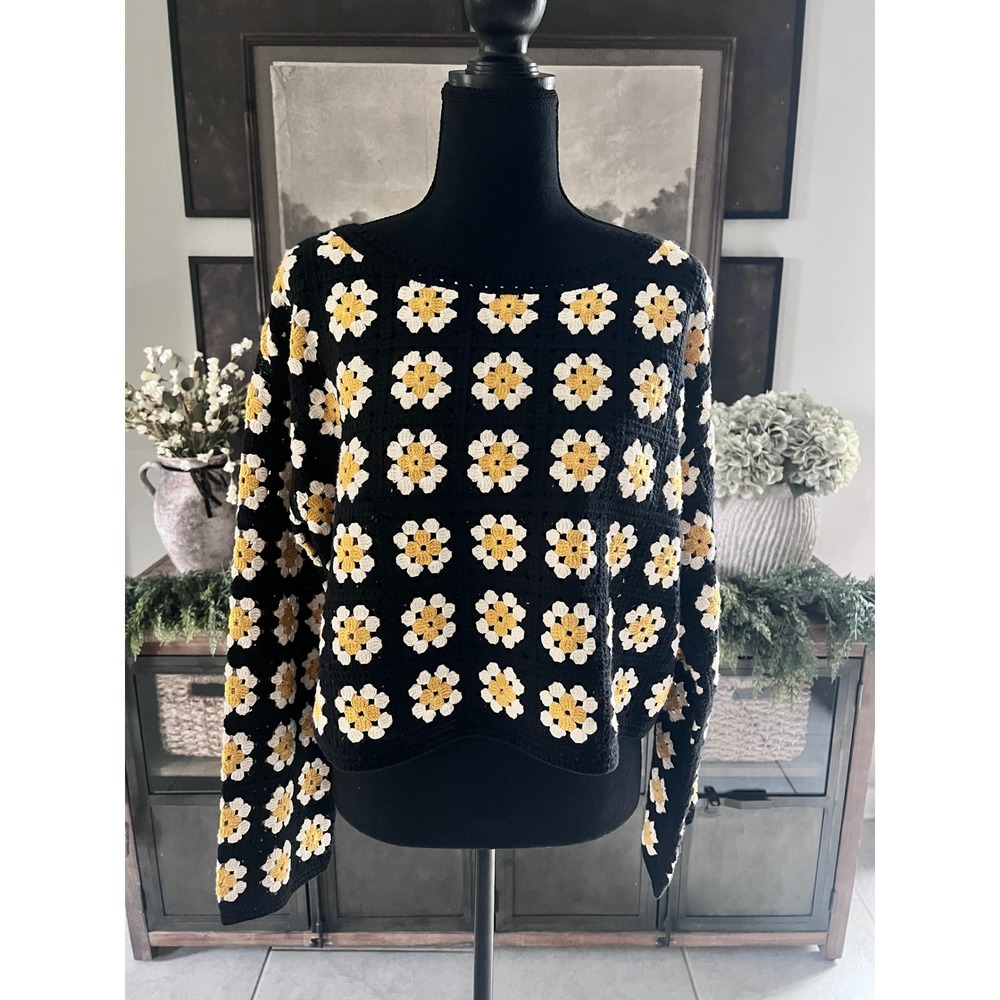 Industry Republic Clothing Daisy Crochet Granny Square Sweater Black Yellow L